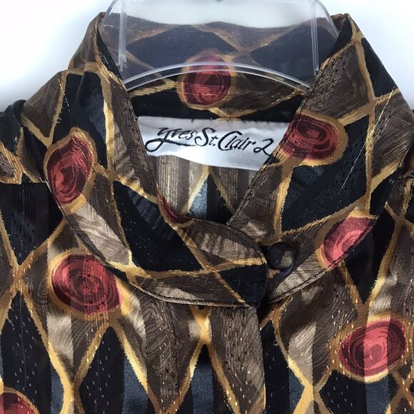 Vintage Yves St Clair 2 Button Up Top Sheer Blouse Diamond Black Gold Red Sz 14W - Picture 2 of 10